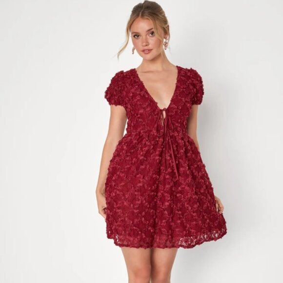 Lulus NWT Burgundy Lace Dress L | 3D Floral Appliqué Wedding Guest Outfit - Picture 14 of 15